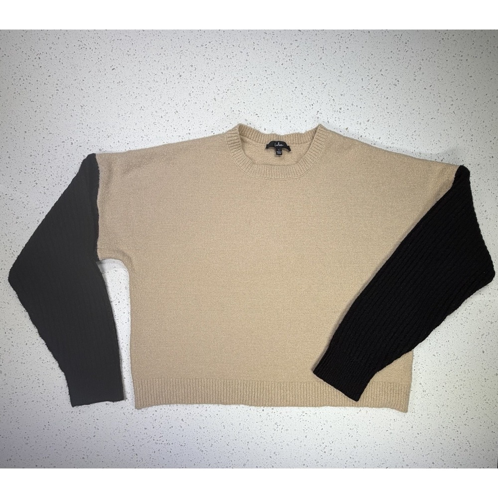 Lulus Colorblock Knit Pullover Sweater Crew Neck Long Sleeve L Beige Black